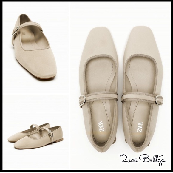 Zara Flat ballet Velvet Mary Jane Shoes Buckled strap comfort Sole Taupe Neutral - Picture 5 of 15